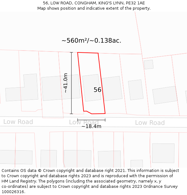 56, LOW ROAD, CONGHAM, KING'S LYNN, PE32 1AE: Plot and title map