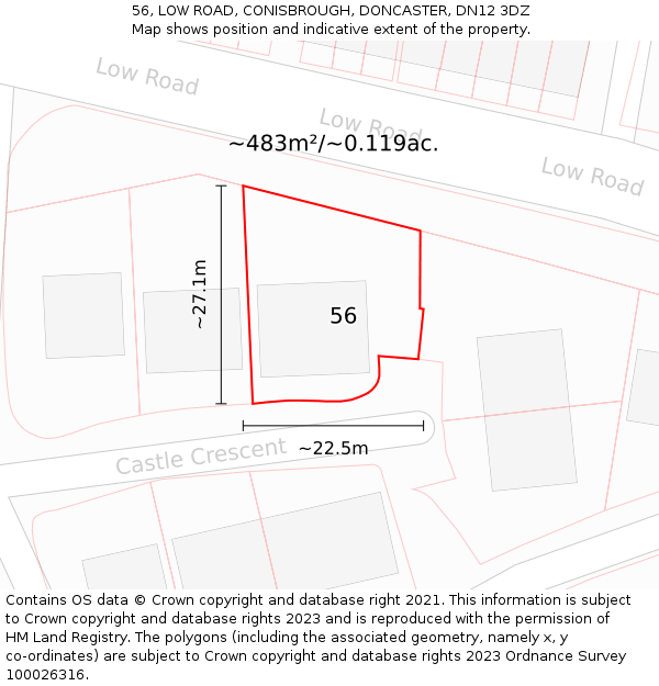 56, LOW ROAD, CONISBROUGH, DONCASTER, DN12 3DZ: Plot and title map