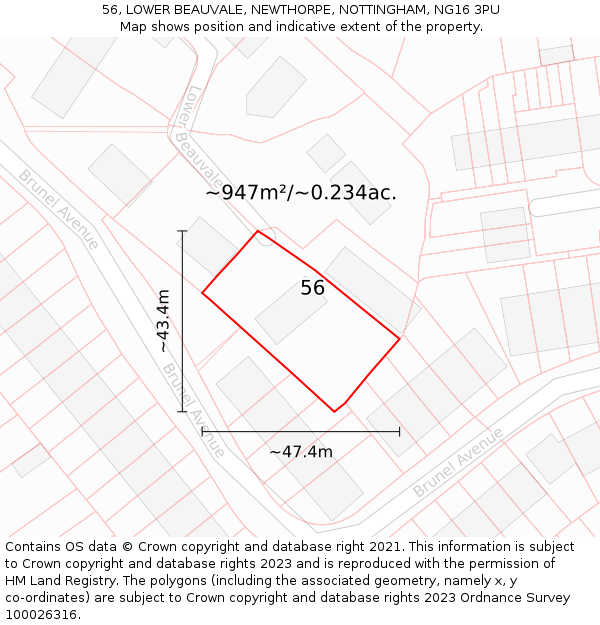 56, LOWER BEAUVALE, NEWTHORPE, NOTTINGHAM, NG16 3PU: Plot and title map