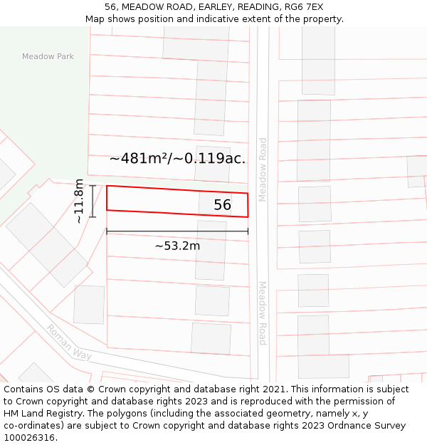 56, MEADOW ROAD, EARLEY, READING, RG6 7EX: Plot and title map