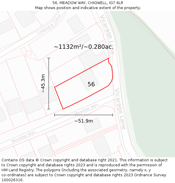 56, MEADOW WAY, CHIGWELL, IG7 6LR: Plot and title map