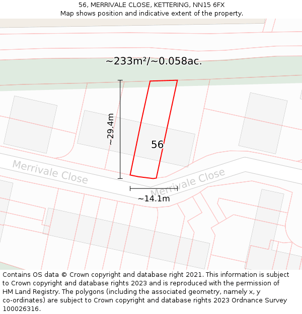 56, MERRIVALE CLOSE, KETTERING, NN15 6FX: Plot and title map