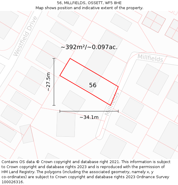 56, MILLFIELDS, OSSETT, WF5 8HE: Plot and title map