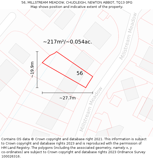 56, MILLSTREAM MEADOW, CHUDLEIGH, NEWTON ABBOT, TQ13 0PG: Plot and title map
