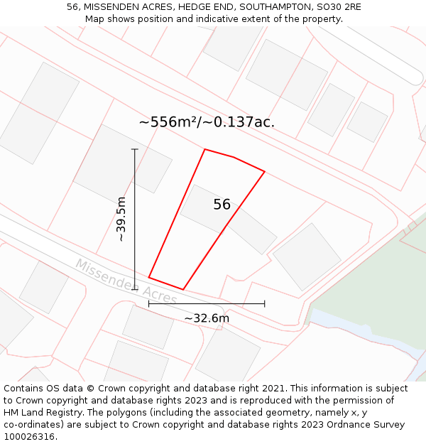 56, MISSENDEN ACRES, HEDGE END, SOUTHAMPTON, SO30 2RE: Plot and title map