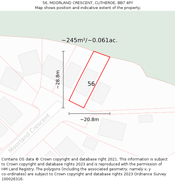 56, MOORLAND CRESCENT, CLITHEROE, BB7 4PY: Plot and title map