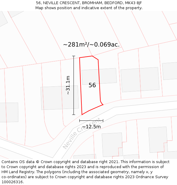 56, NEVILLE CRESCENT, BROMHAM, BEDFORD, MK43 8JF: Plot and title map