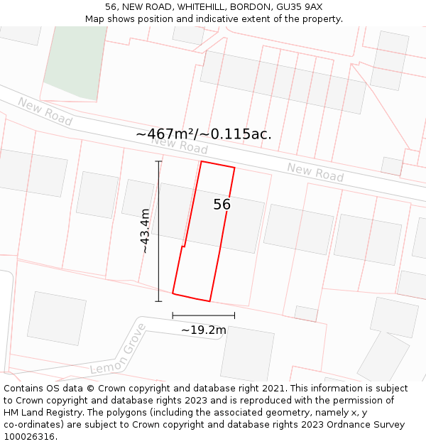 56, NEW ROAD, WHITEHILL, BORDON, GU35 9AX: Plot and title map