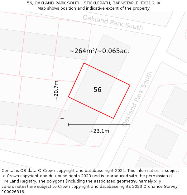 56, OAKLAND PARK SOUTH, STICKLEPATH, BARNSTAPLE, EX31 2HX: Plot and title map