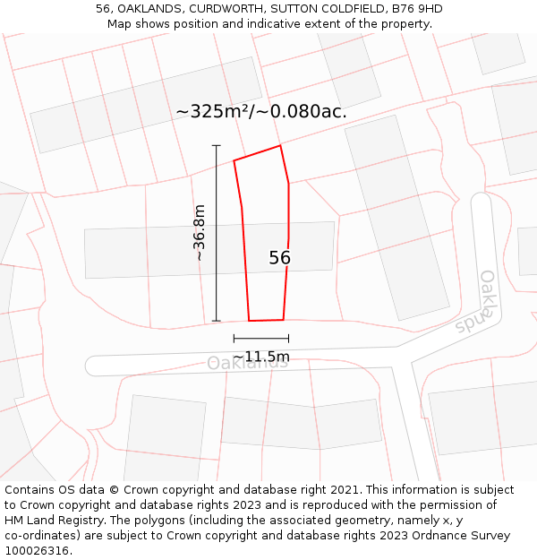 56, OAKLANDS, CURDWORTH, SUTTON COLDFIELD, B76 9HD: Plot and title map