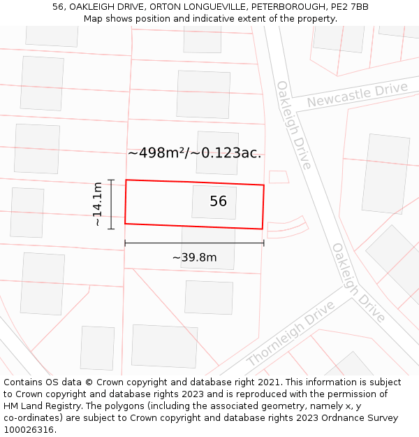 56, OAKLEIGH DRIVE, ORTON LONGUEVILLE, PETERBOROUGH, PE2 7BB: Plot and title map