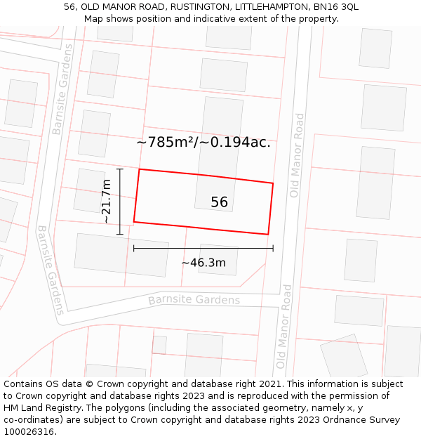 56, OLD MANOR ROAD, RUSTINGTON, LITTLEHAMPTON, BN16 3QL: Plot and title map