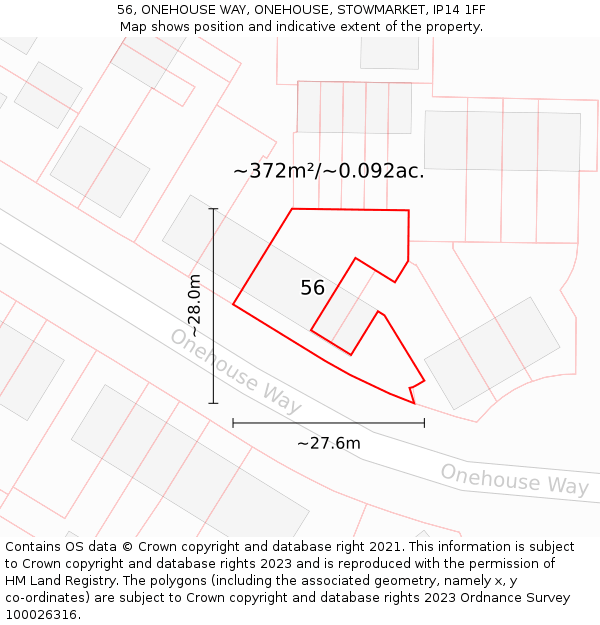 56, ONEHOUSE WAY, ONEHOUSE, STOWMARKET, IP14 1FF: Plot and title map