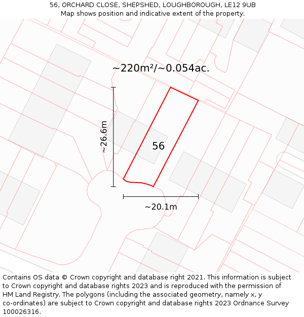 56, ORCHARD CLOSE, SHEPSHED, LOUGHBOROUGH, LE12 9UB: Plot and title map