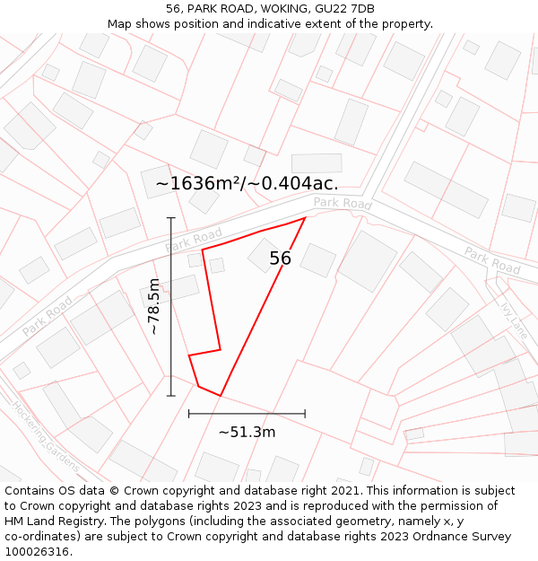 56, PARK ROAD, WOKING, GU22 7DB: Plot and title map
