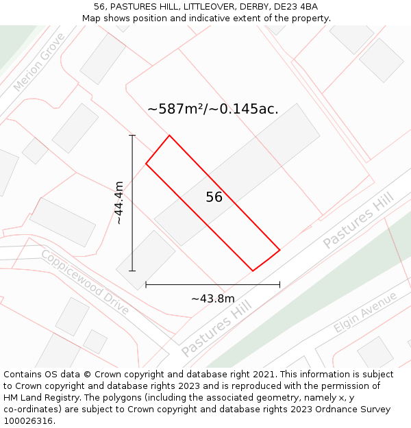 56, PASTURES HILL, LITTLEOVER, DERBY, DE23 4BA: Plot and title map