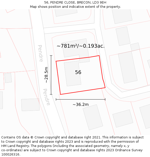 56, PENDRE CLOSE, BRECON, LD3 9EH: Plot and title map