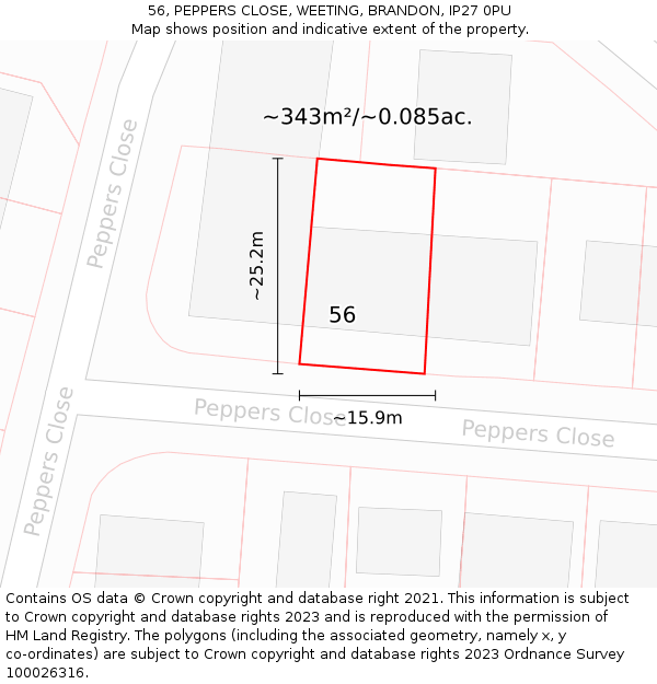 56, PEPPERS CLOSE, WEETING, BRANDON, IP27 0PU: Plot and title map