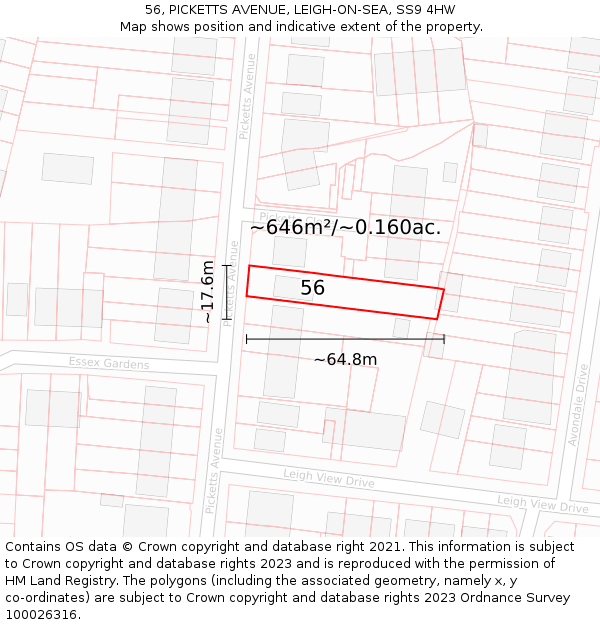 56, PICKETTS AVENUE, LEIGH-ON-SEA, SS9 4HW: Plot and title map