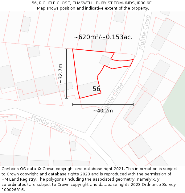56, PIGHTLE CLOSE, ELMSWELL, BURY ST EDMUNDS, IP30 9EL: Plot and title map