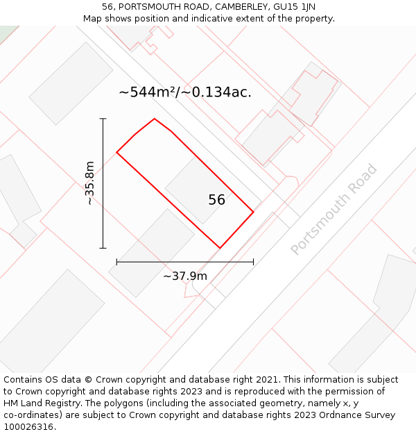 56, PORTSMOUTH ROAD, CAMBERLEY, GU15 1JN: Plot and title map