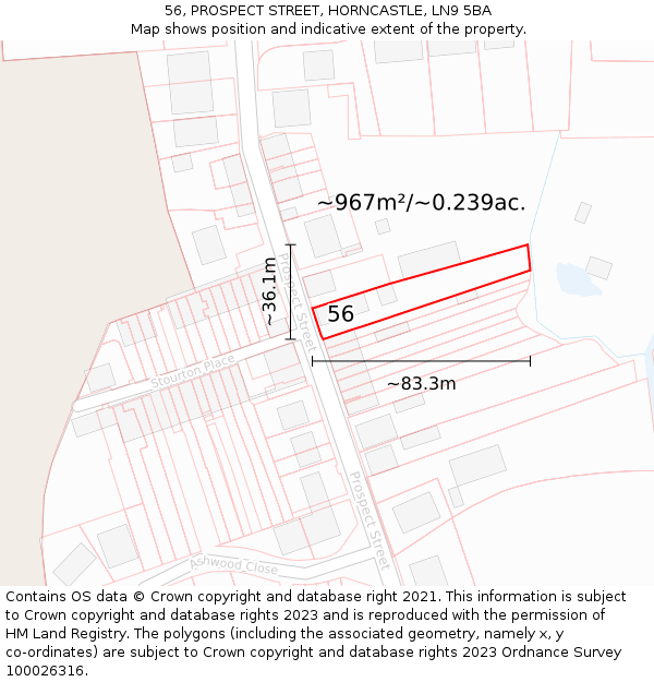 56, PROSPECT STREET, HORNCASTLE, LN9 5BA: Plot and title map