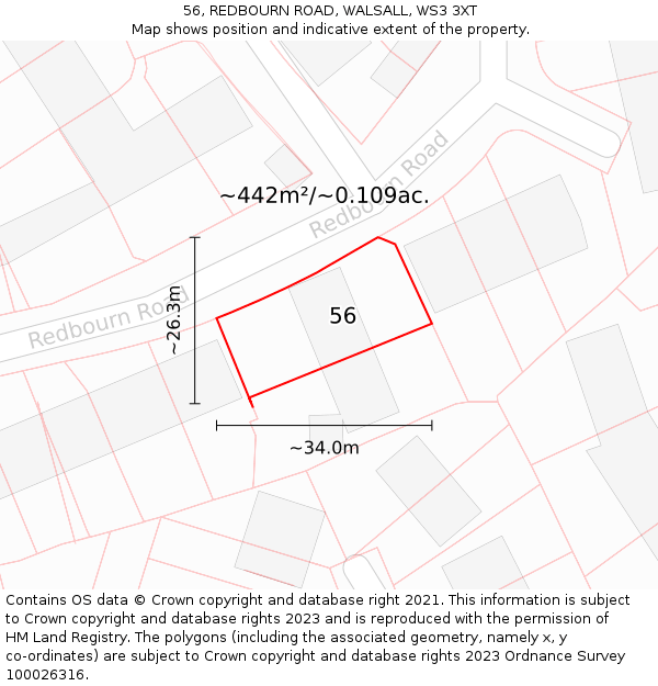 56, REDBOURN ROAD, WALSALL, WS3 3XT: Plot and title map
