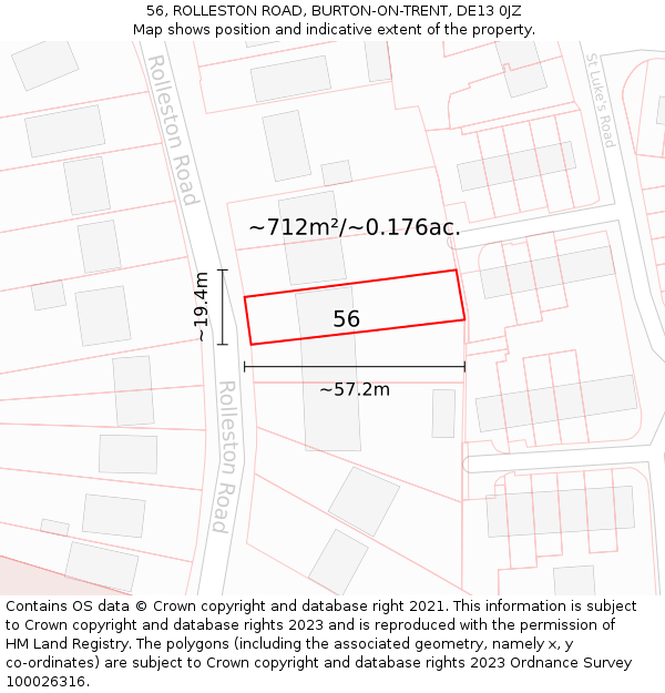 56, ROLLESTON ROAD, BURTON-ON-TRENT, DE13 0JZ: Plot and title map