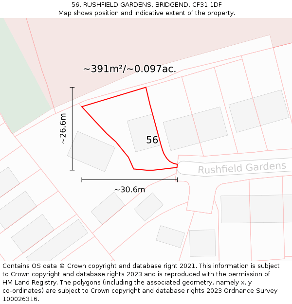 56, RUSHFIELD GARDENS, BRIDGEND, CF31 1DF: Plot and title map