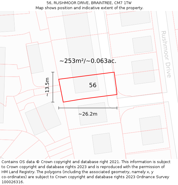56, RUSHMOOR DRIVE, BRAINTREE, CM7 1TW: Plot and title map