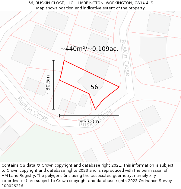 56, RUSKIN CLOSE, HIGH HARRINGTON, WORKINGTON, CA14 4LS: Plot and title map