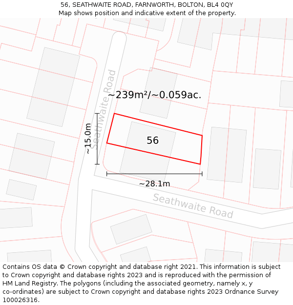 56, SEATHWAITE ROAD, FARNWORTH, BOLTON, BL4 0QY: Plot and title map