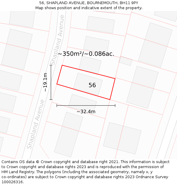 56, SHAPLAND AVENUE, BOURNEMOUTH, BH11 9PY: Plot and title map