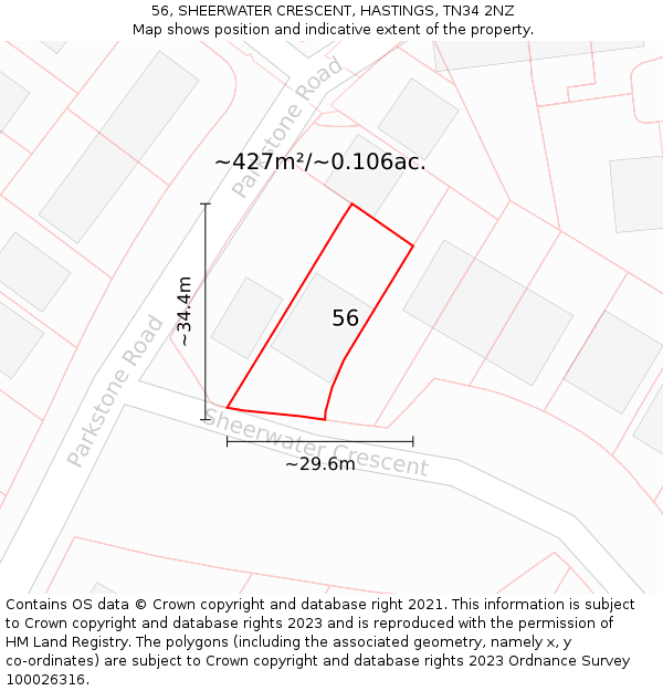56, SHEERWATER CRESCENT, HASTINGS, TN34 2NZ: Plot and title map