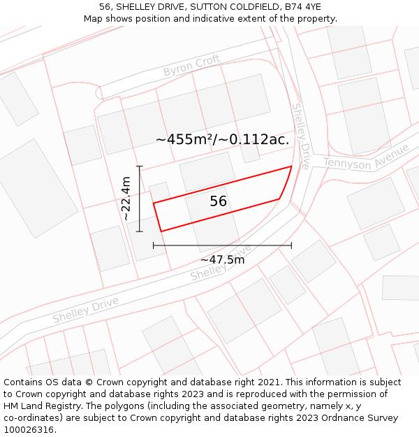 56, SHELLEY DRIVE, SUTTON COLDFIELD, B74 4YE: Plot and title map