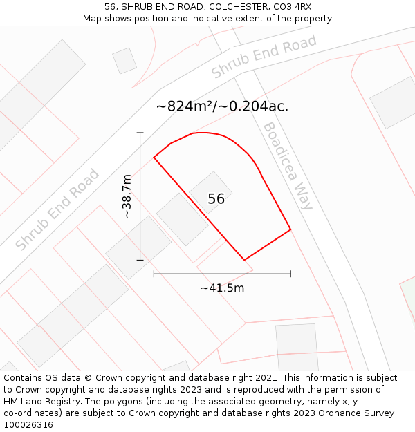 56, SHRUB END ROAD, COLCHESTER, CO3 4RX: Plot and title map