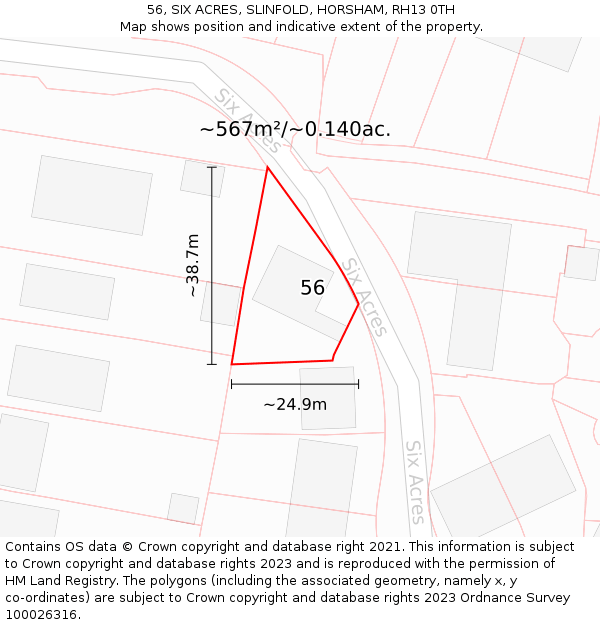 56, SIX ACRES, SLINFOLD, HORSHAM, RH13 0TH: Plot and title map