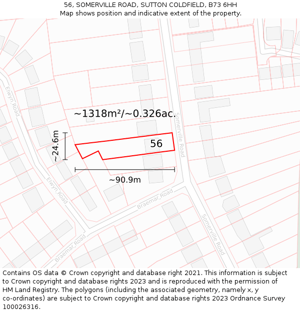 56, SOMERVILLE ROAD, SUTTON COLDFIELD, B73 6HH: Plot and title map