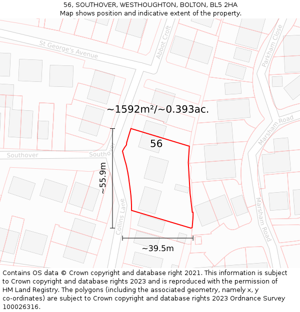 56, SOUTHOVER, WESTHOUGHTON, BOLTON, BL5 2HA: Plot and title map