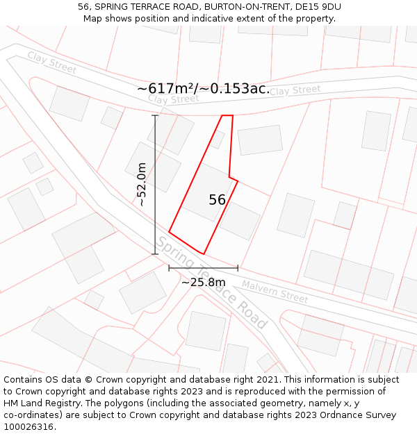 56, SPRING TERRACE ROAD, BURTON-ON-TRENT, DE15 9DU: Plot and title map