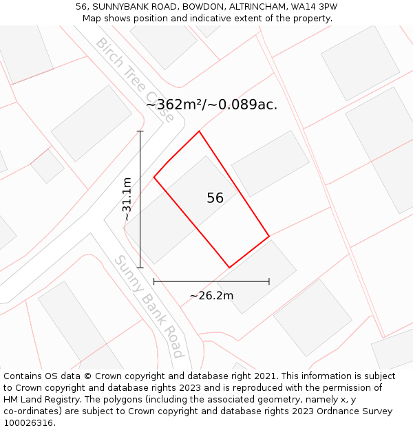 56, SUNNYBANK ROAD, BOWDON, ALTRINCHAM, WA14 3PW: Plot and title map