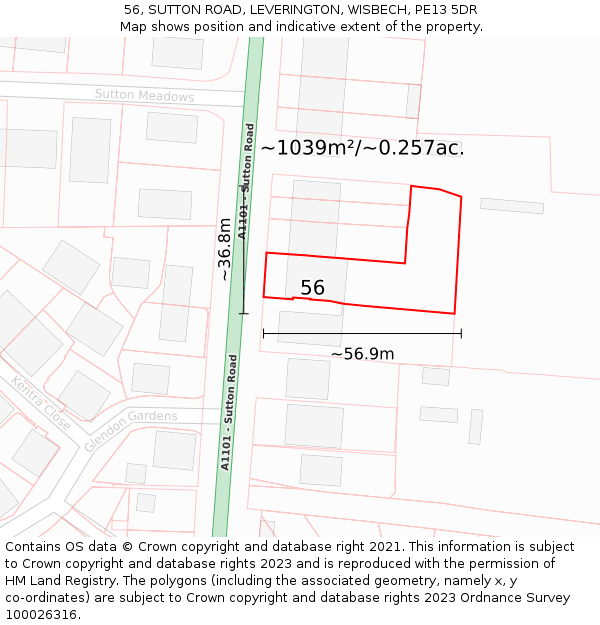 56, SUTTON ROAD, LEVERINGTON, WISBECH, PE13 5DR: Plot and title map