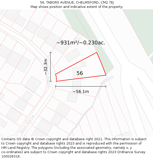 56, TABORS AVENUE, CHELMSFORD, CM2 7EJ: Plot and title map