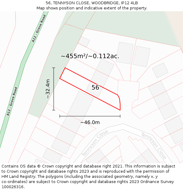 56, TENNYSON CLOSE, WOODBRIDGE, IP12 4LB: Plot and title map