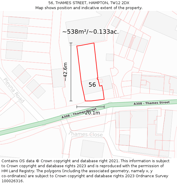 56, THAMES STREET, HAMPTON, TW12 2DX: Plot and title map
