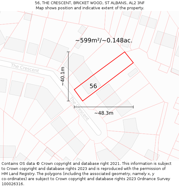 56, THE CRESCENT, BRICKET WOOD, ST ALBANS, AL2 3NF: Plot and title map