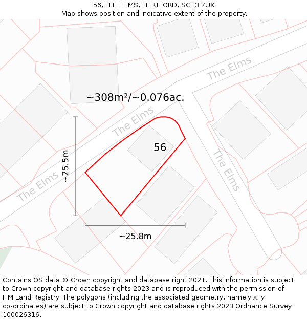 56, THE ELMS, HERTFORD, SG13 7UX: Plot and title map