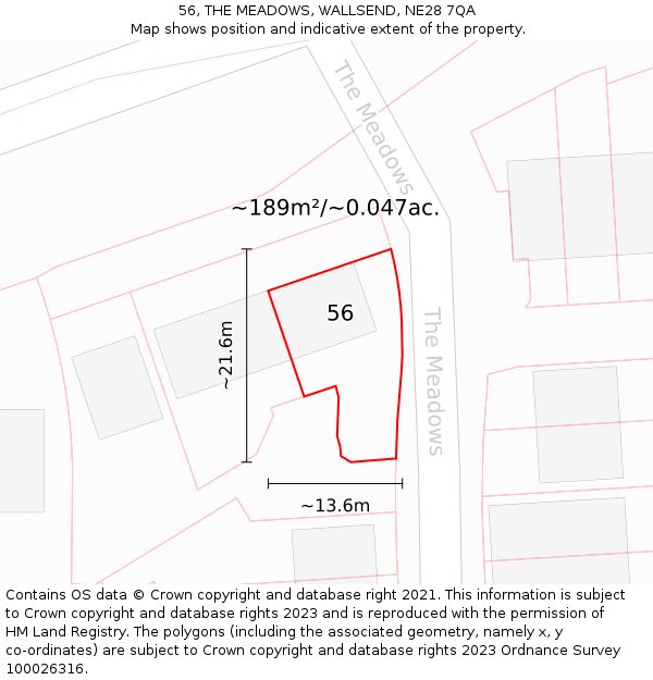 56, THE MEADOWS, WALLSEND, NE28 7QA: Plot and title map