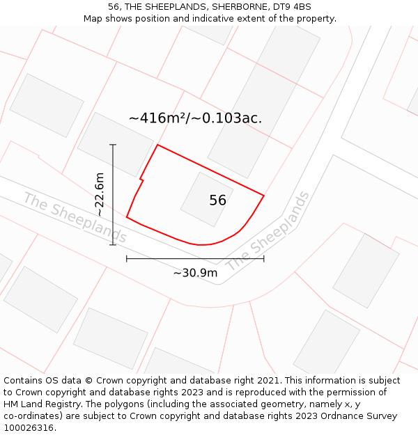 56, THE SHEEPLANDS, SHERBORNE, DT9 4BS: Plot and title map