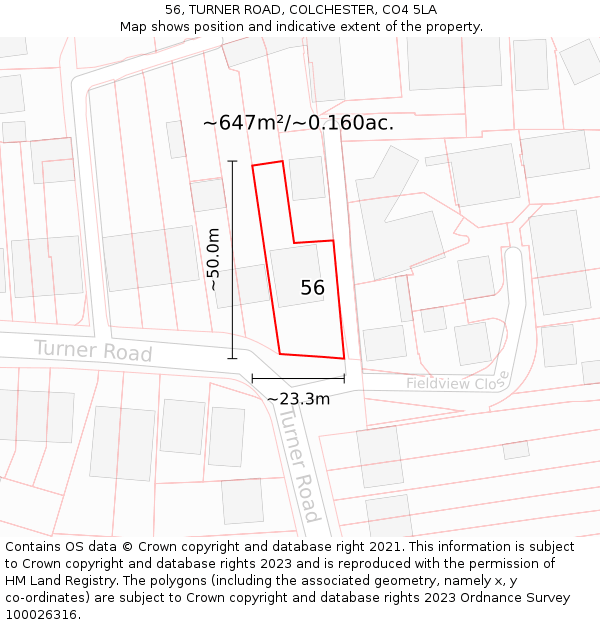 56, TURNER ROAD, COLCHESTER, CO4 5LA: Plot and title map